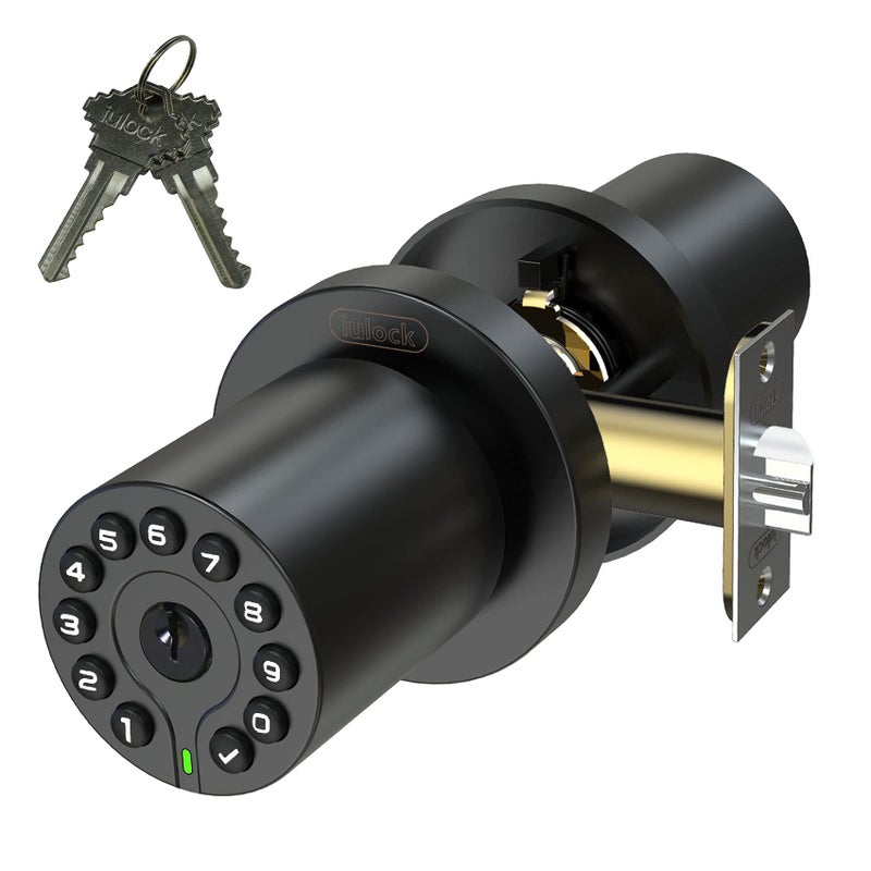 iulock IU-20 رمز قفل الباب مقبض الباب الإلكتروني مع لوحة المفاتيح ومفتاح القفل التلقائي وظيفة المرور المقاومة للماء عمر البطارية الطويل 50 رمزًا سهل الاستخدام والتركيب للمكتب/المستودع/غرفة النوم/المرآب - Image 1